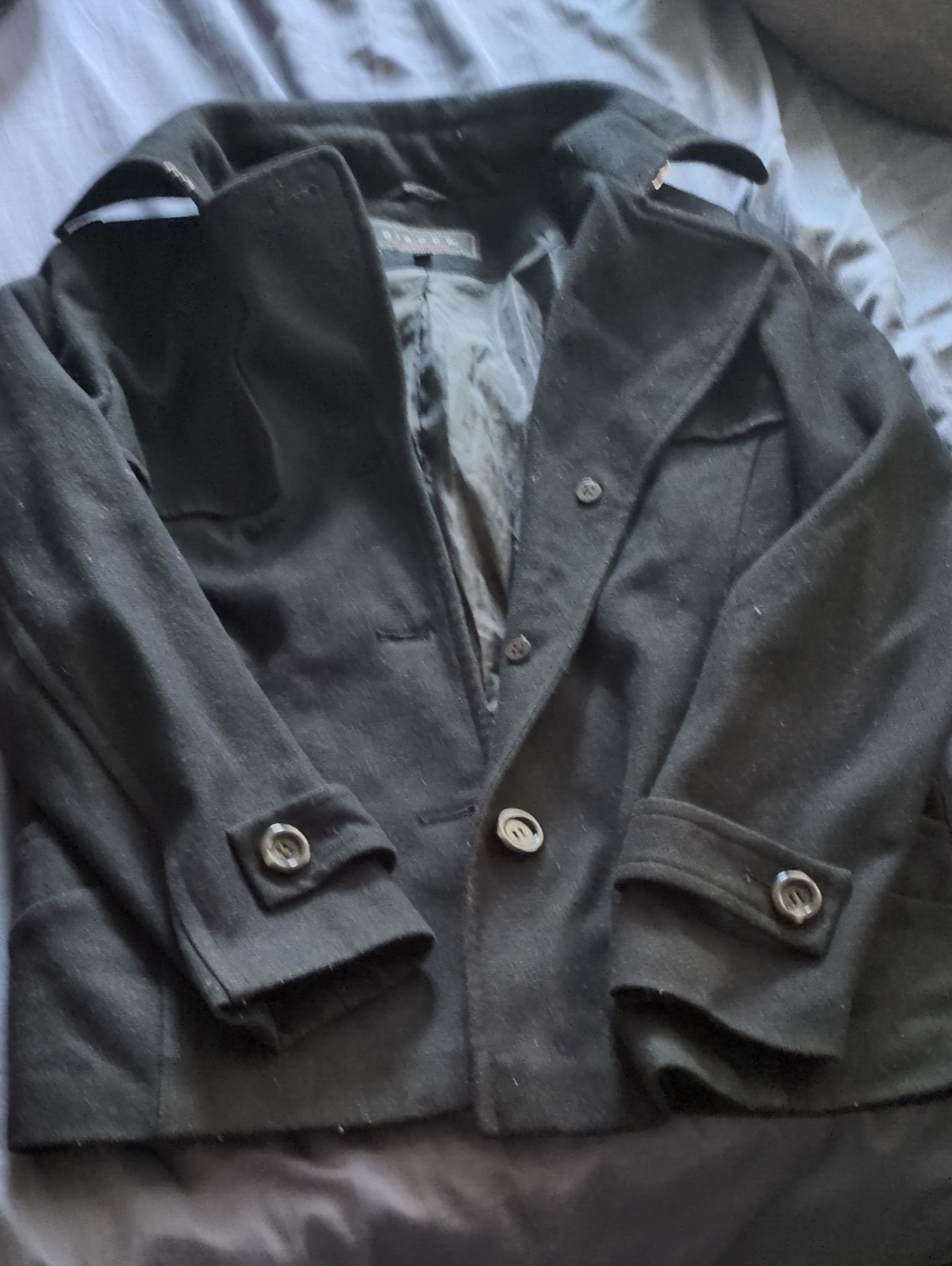 giacca Black Wool Pea Coat with Button Cuffs
